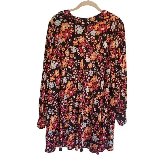 Free People Daisy Jane Long Sleeve Mini Dress Flowy Loose Fit Black Floral - Picture 11 of 13